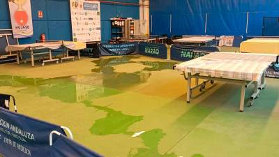 Sala de entrenamientos llena de agua a causa de las goteras.