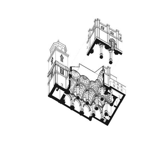 <i>Axonometría militar cenital corte al cuarto vista suroeste de la iglesia Nª Sª de la Inmaculada Concepción (2018) – Javier León Torres -. </i>