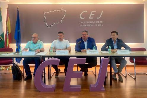 <i>Moisés Calzada, Raúl Gil, Bartolomé González y Mario Azañon en la comparecencia sobre el transporte escolar. / CEJ. </i>