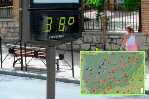 <i>Imagen de archivo de un día caluroso en Jaén, junto a un mapa de la Aemet, a las 18:00 horas, con la previsión de las temperaturas máximas para hoy.</i>