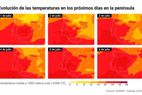 <i>Mapas con temperaturas en la península desde el 1 al 5 de julio. / Europa Press. </i>