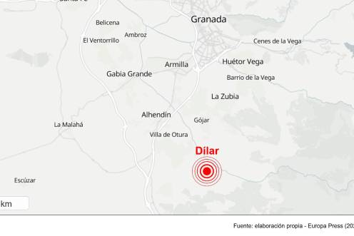 <i>Localización del lugar donde ha tenido epicentro el sismo de magnitud 3,4 registrado en la provincia de Granada. / Europa Press. </i>