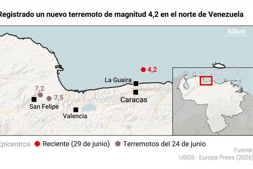 <i>Mapa con localización de terremotos en Venezuela. / Europa Press.</i>