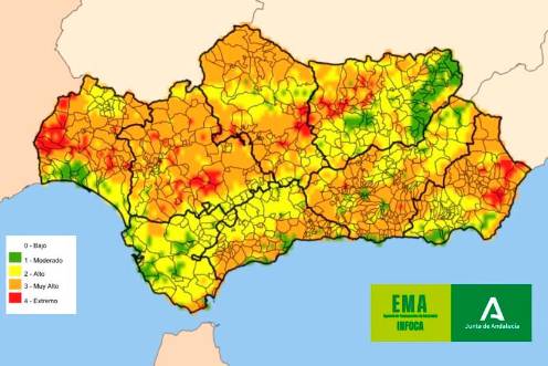 <i>Mapa del riesgo de incendios hoy domingo 12 de julio. / Plan Infoca. </i>