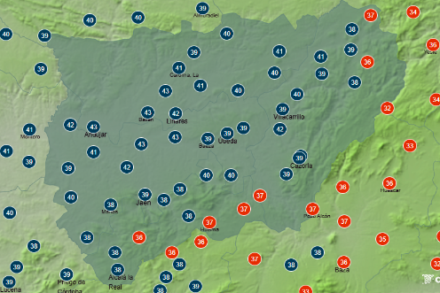 <i>Temperatura máximaque se podría alcanzar mañana, a primera hora de la tarde, en puntos de la provincia. / Aemet. </i>