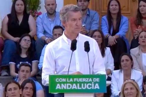<i>Imagen de Feijóo en el desarrollo del mitin en Bailén. / Europa Press.</i>