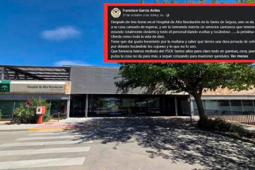 <i>Imagen de archivo del Hospital de la Sierra de Segura y, arriba, la publicación del alcalde de Puente de Génave.</i>