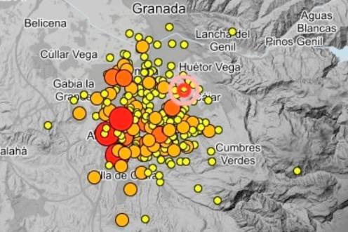 <i>Mapa que refleja el área epicentral de la serie sísmica de Alhendín (Granada) de mediados de agosto de 2026 y los seísmos registrados hasta el mediodía del viernes 21 de agosto. / Ignacio Cumellas. / Diario JAÉN. </i>