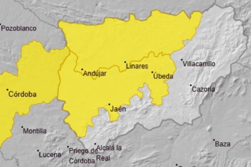 <i>Mapa de avisos amarillos por altas temperaturas de la Aemet activados en la provincia de Jaén para este sábado. / Aemet. </i>