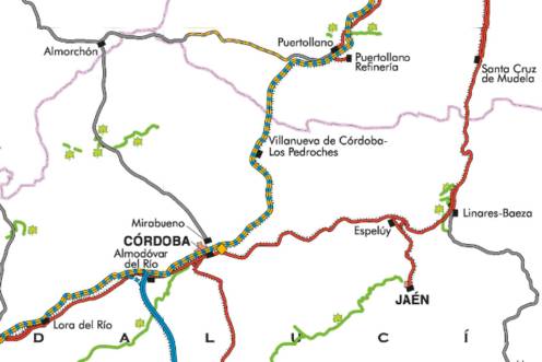 <i>Mapa de la red ferroviaria con el trazado de las líneas de tren entre Andalucía y Castilla-La Mancha, detallando las conexiones de Jaén, Córdoba y Puertollano. / Renfe. </i>