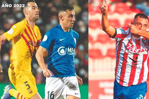 <i>Copete avanza con el balón en la Copa del Rey ante Busquets y al lado celebra un gol con el Don Benito. / Linares / Don Benito.</i>