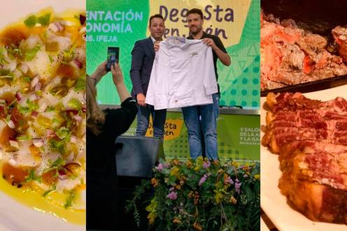 <i>Kiko Peñuela posa junto a Javier Perales y, a los lados, algunos de sus platos.</i>