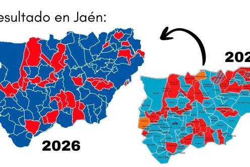 <i>Mapa de la provincia teñido de los colores de los principales partidos en 2026 y 2022.</i>