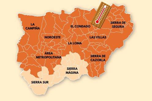 <i>Mapa de las comarcas de Jaén que se encuentran en aviso naranja hoy, 29 de julio.</i>
