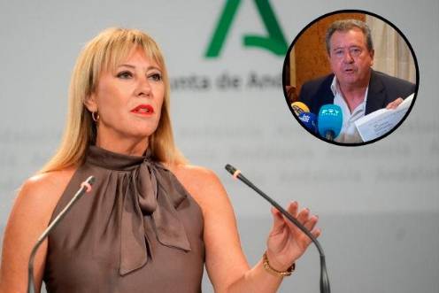 <i>La vicepresidenta tercera y consejera de Economía, Hacienda y Fondos Europeos, y portavoz del Gobierno andaluz, Carolina España, tras el Consejo de Gobierno y, en la parte superior, Juan Fernández, exacalde de Linares. / Europa Press.</i>