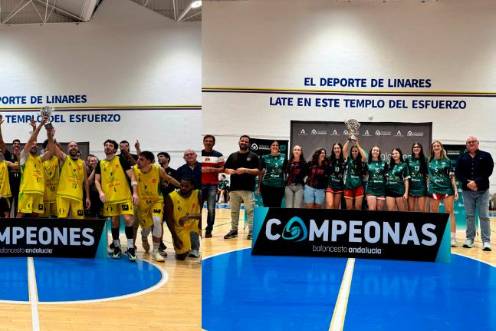 <i>Los jugadores del Jaén Paraíso Interior FS y el equipo del Jaén CB celebran las victorias en las finales de la Copa Delegación de Baloncesto. / Delegación Jiennense. </i>