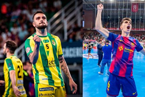 <i>A la izquierda Joao Salla celebrando un gol en la Copa del Rey y a la derecha Antonio Pérez el título de Liga. / Jaén Futsal. / RFEF.</i>
