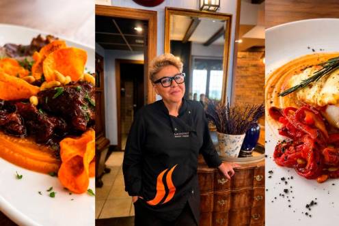 <i>Pilar Díaz Nieto, propietaria y jefa de cocina de Mesón Asador Leandro, junto a dos de sus platos.</i>