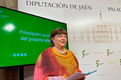 <i>Pilar Parra presentando los asuntos que irán al próximo pleno. / Diputación de Jaén. </i>