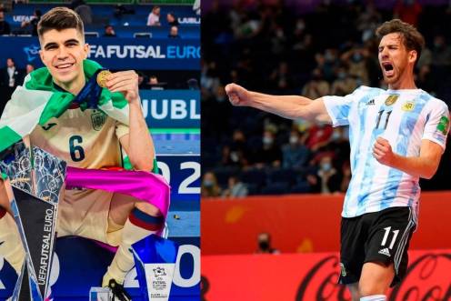 <i>A la izquierda, Antonio Pérez posa con los trofeos conseguidos en el Campeonato de Europa y a la derecha Alan Brandi celebra un gol en un Mundial. / Federación española y argentina. </i>