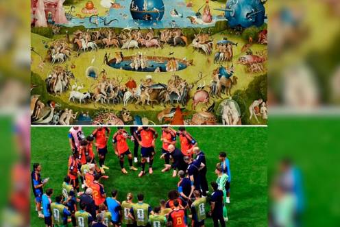 <i>Arriba el Jardín de las Delicias, obra de El Bosco y abajo la Selección Española de Fútbol en el día de la final del Mundial. / Museo del Prado. </i>