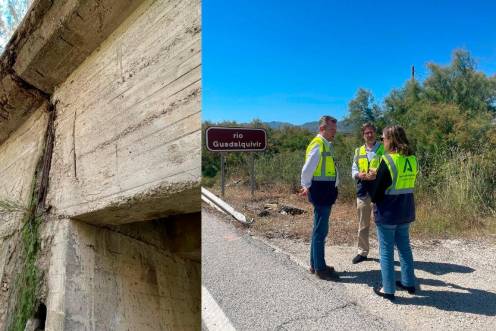 <i>A la izquierda, estado del puente, y a la derecha, visita de Miguel Contreras al lugar. / Junta de Andalucía.</i>