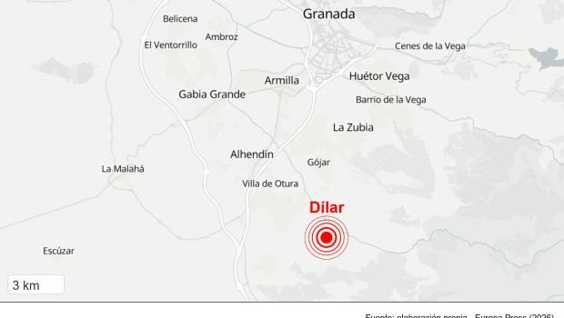 <i>Localización del lugar donde ha tenido epicentro el sismo de magnitud 3,4 registrado en la provincia de Granada. / Europa Press. </i>