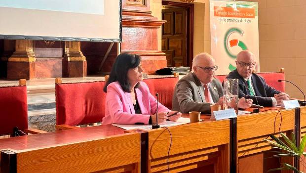 <i>La vicepresidenta segunda de la Diputación, Francisca Medina; el presidente del Consejo Económico y Social (CES) de la Provincia de Jaén, Manuel Parras y el presidente de la Comisión de Agricultura del CES y gerente de Asaja-Jaén, Jaén Luis Carlos Valero en la jornada. Archivo. / Europa Press.</i>