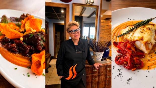 <i>Pilar Díaz Nieto, propietaria y jefa de cocina de Mesón Asador Leandro, junto a dos de sus platos.</i>