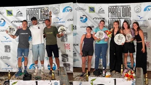 <i>A la izquierda, podio masculino con Baptiste Lambert, Andy Tallia y Pierre Remy. A la derecha, podio femenino conformado por Alexia Fischer, Constance Mettetal y Daphnée Ieropoli. / Álex Gómez / Diario JAÉN. </i>