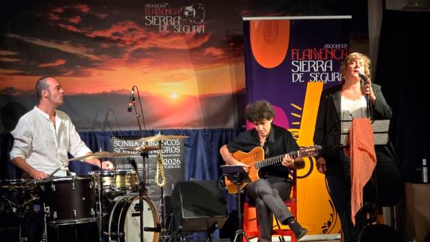 <i>Las actuaciones de Ana Beatriz, Ensemble Mediterráneo y Omar Acosta en la Peña Flamenca de Arroyo del Ojanco llena de público. </i>