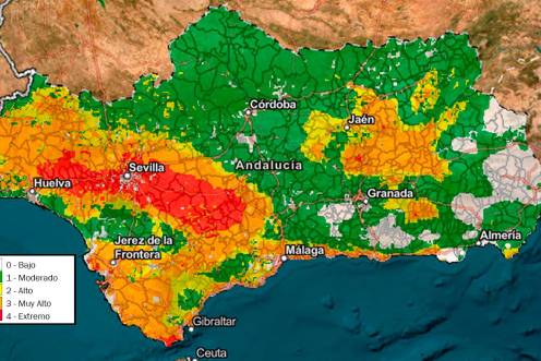 <i>Índice de peligro de incendios forestales para la jornada del sábado 12 de septiembre. / Infoca</i>