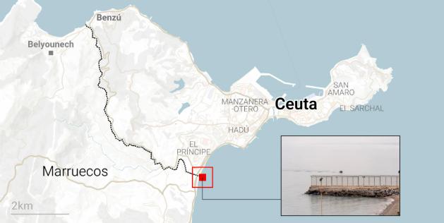 <i>Localización del Espigón fronterizo del Tarajal en Ceuta. / Europa Press. </i>