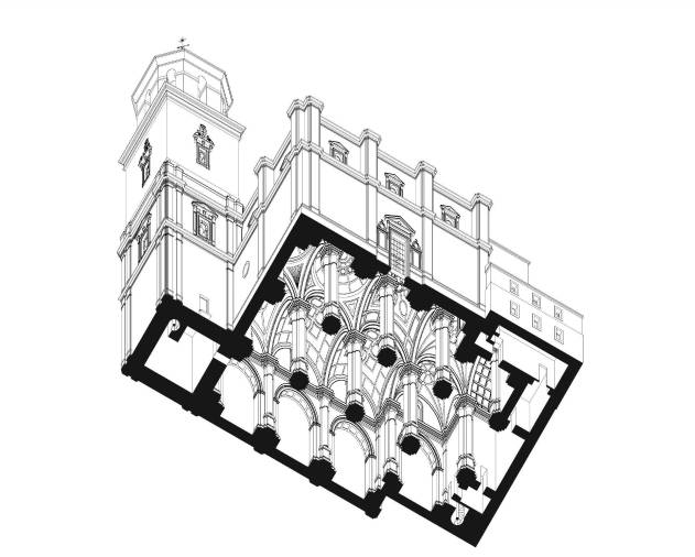 <i>Axonometría miliar cenital vista suroeste de la iglesia Nª Sª de la Inmaculada Concepción (2018) – Javier León Torres -.</i>