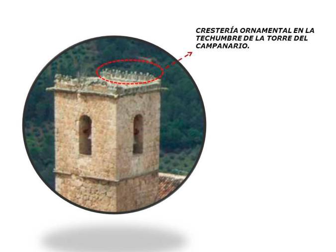 <i>Detalle de la crestería ornamental de la techumbre del campanario.</i>