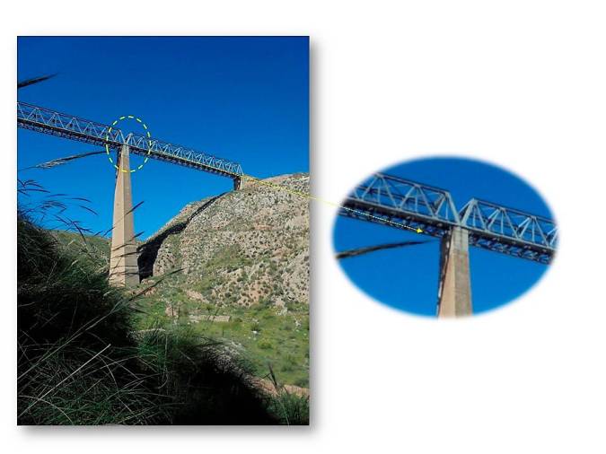 <i>Vista del estado actual de la viga de doble celosía del tablero del viaducto y detalle del recrecido de hormigón del pilar. </i>
