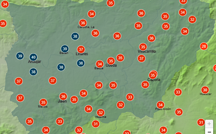 <i>Mapa de temperaturas para hoy de la Aemet, a partir de las 17:00 horas.</i>
