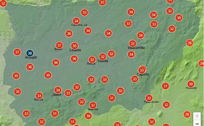 <i>Previsión de temperaturas en la provincia de Jaén, hoy, a las 18:00 horas. / Aemet.</i>