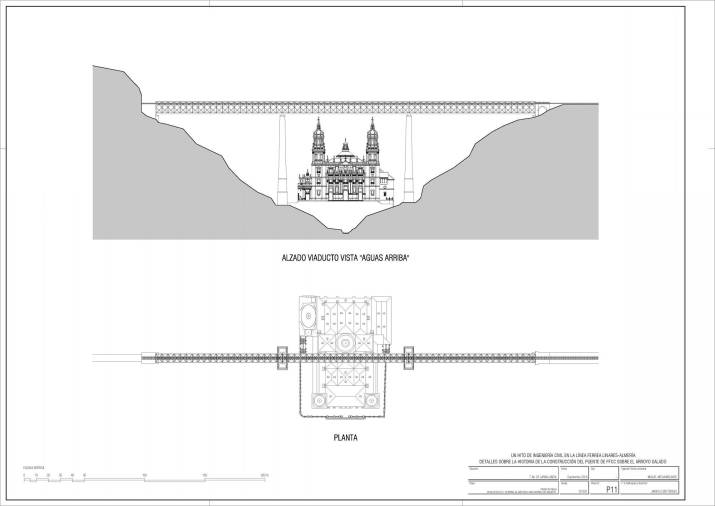 <i>Detalle a escala 1/2000 de la fachada y planta de la S.I. Catedral de Jaén en el vano central del viaducto. </i>