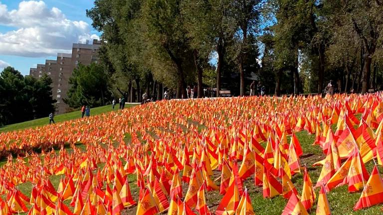 Colocan 53.000 banderas de España en un parque frente a la M-30 de Madrid  para homenajear a los fallecidos