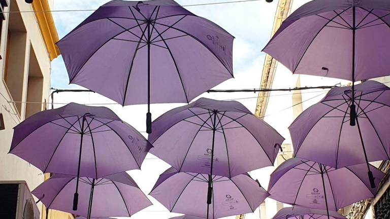 Medio centenar de paraguas morados en una calle de La Carolina