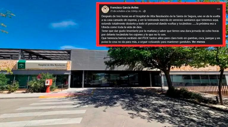 <i>Imagen de archivo del Hospital de la Sierra de Segura y, arriba, la publicación del alcalde de Puente de Génave.</i>