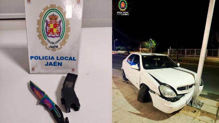 A la izquierda, taser y navaja confiscada en el primer incidente, y a la derecha, resultado del segundo accidente de la noche. / Policía Local de Jaén.