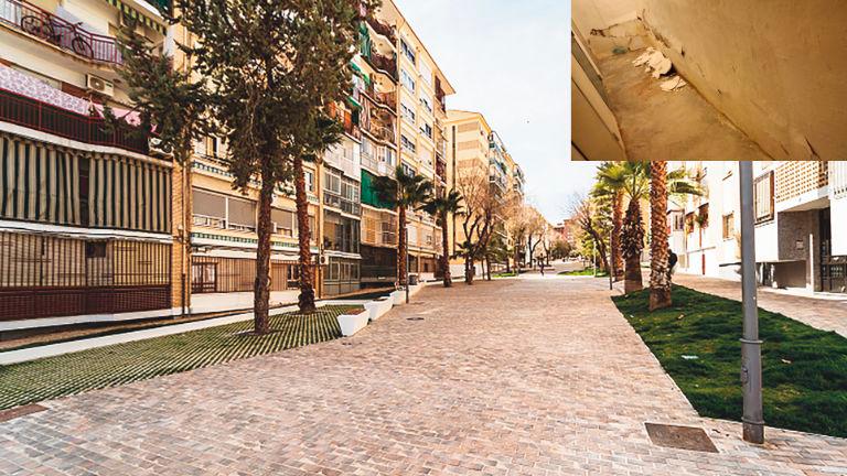 Vista del Paseo Virgen del Rocío tras su remodelación. En la esquina derecha, desconchones por humedad en una vivienda.