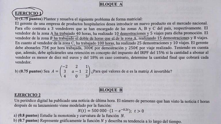 Examen de Matemáticas Aplicadas a las Ciencias Sociales II que ha suscitado la polémica en las Pruebas de Acceso a la Universidad de Andalucía.
