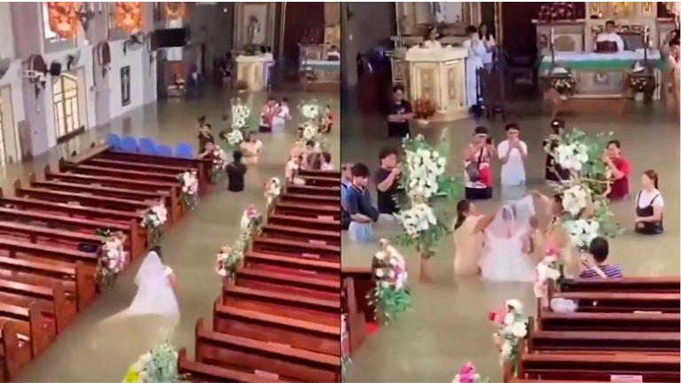 <i>Imágenes de la llegada de la novia al altar entre las inundaciones de la iglesia. / @tvaztecayucatan.</i>