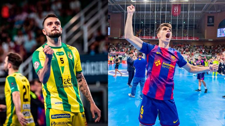 <i>A la izquierda Joao Salla celebrando un gol en la Copa del Rey y a la derecha Antonio Pérez el título de Liga. / Jaén Futsal. / RFEF.</i>