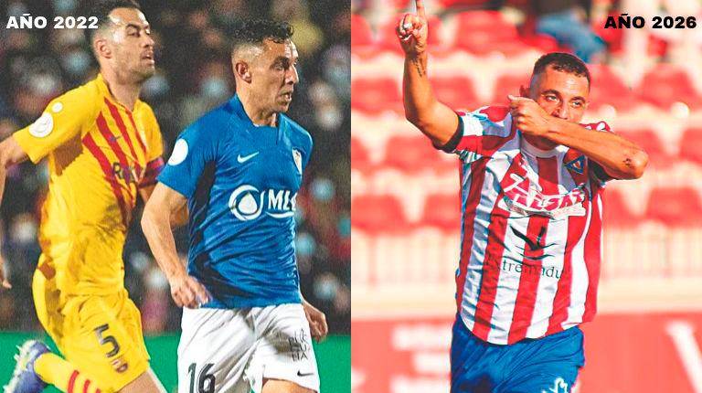 <i>Copete avanza con el balón en la Copa del Rey ante Busquets y al lado celebra un gol con el Don Benito. / Linares / Don Benito.</i>