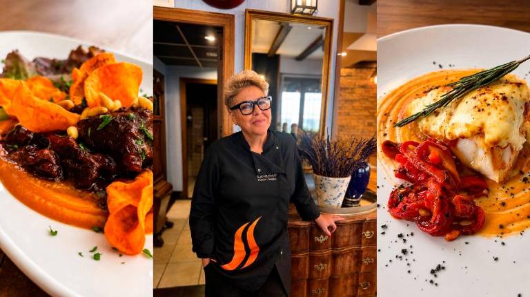 <i>Pilar Díaz Nieto, propietaria y jefa de cocina de Mesón Asador Leandro, junto a dos de sus platos.</i>