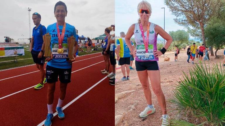 <i>Lola Chiclana posa con los trofeos por equipos y con las dos medallas recibidas y Lola Sánchez exhibe la plata lograda en Hornachuelos. / Óscar Rodríguez.</i>